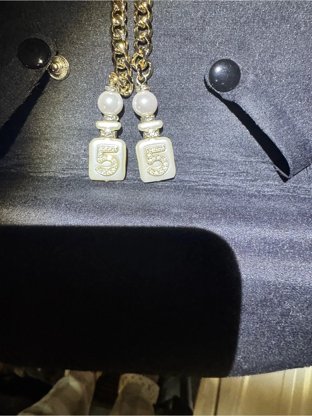 CHANEL #5 Tie Necklace with Pearls and Number 5 Drops
